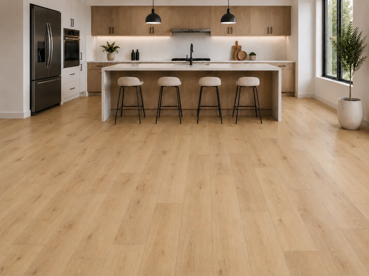 Bright Bakersfield kitchen with light oak luxury vinyl plank flooring